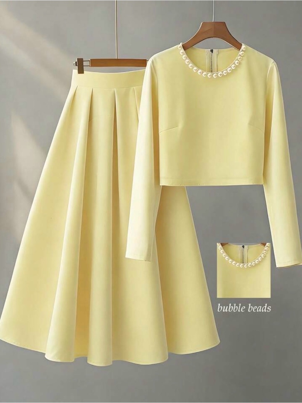 Elegant Pearl-Trim Two-Piece Dress Set in Pale Yellow